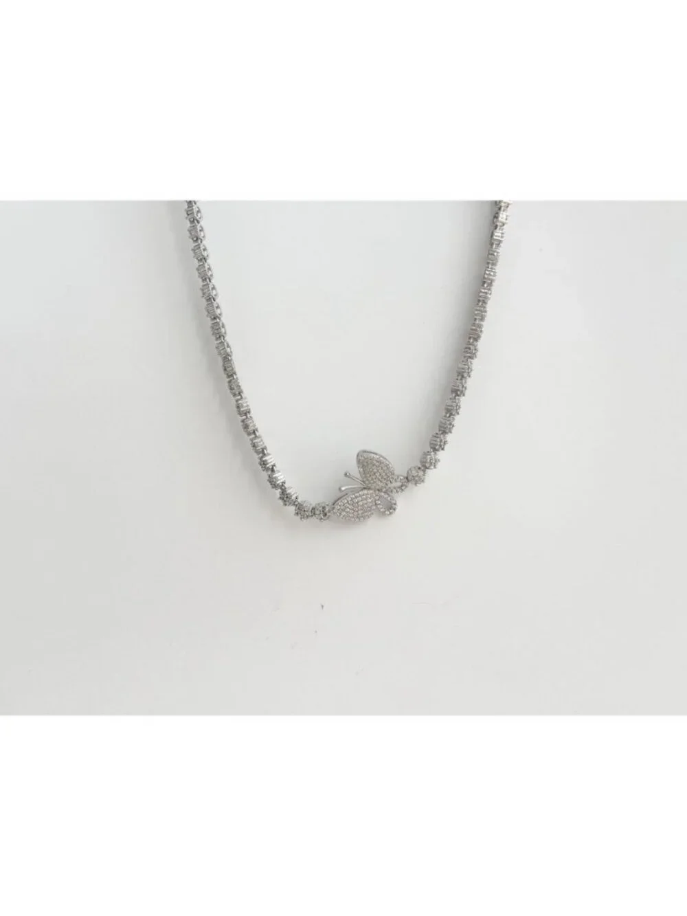 Butterfly Figural CZ Floral Sterling Silver 925 Vintage Pendant Necklace - 34